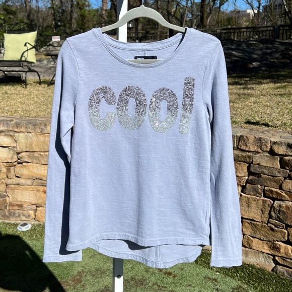 GapKids Gray Long-Sleeve, High-Low, A-Line T-Shirt with Sparkly Sequin "Cool" - Picture 1 of 15